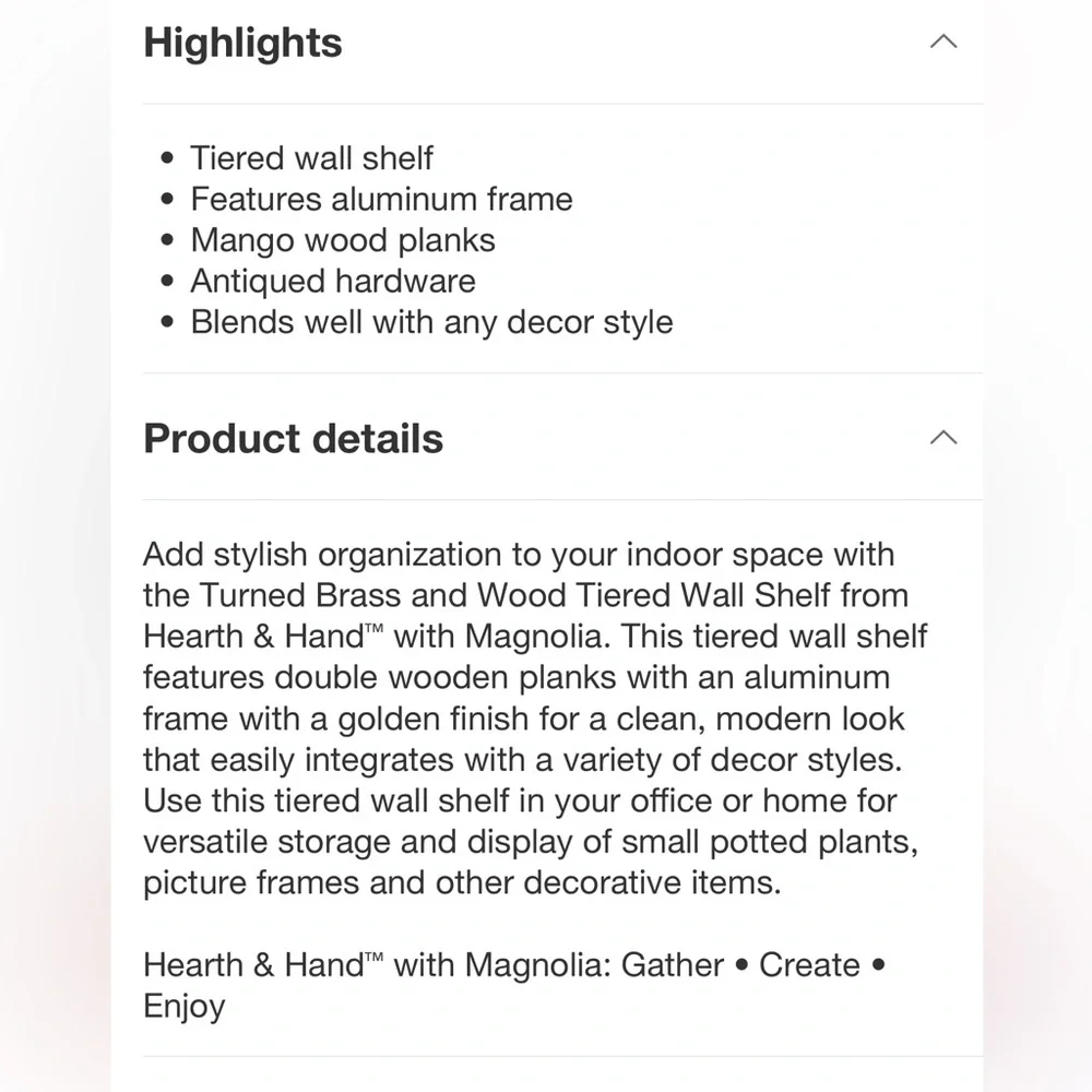 Twisted Brass and Wood Singular Wall Shelf, 24” Hearth & Hand Magnolia, SOLD OUT - Picture 5 of 6